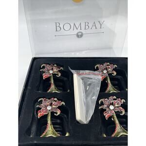 Bombay Set 4 Hors De Dvevres Identifiers Name Card Holder Red Floral Trees W Box